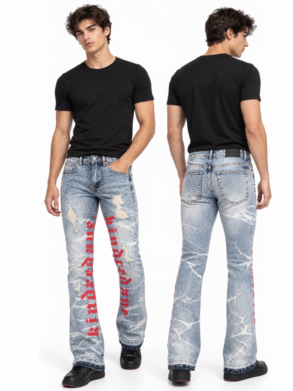 KINDRED Iced Distressed Stacked Flare Jeans Smoke Blue NWT Streetwear